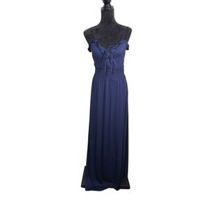 Venus Maxi Dress Womens Large Navy Blue Excellent Smocked Waist Ruffle Lace Up